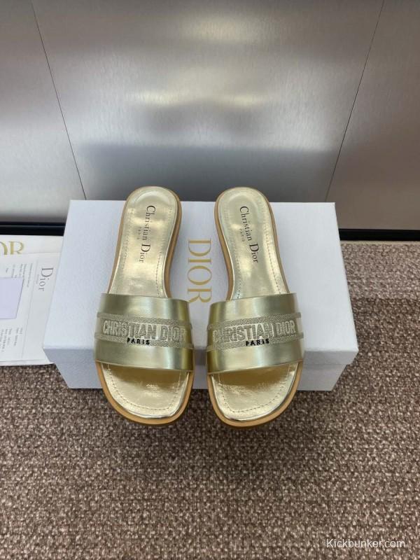 2025 Women Dior Gold Leather Slippers CHRISTIAN DIOR PARIS