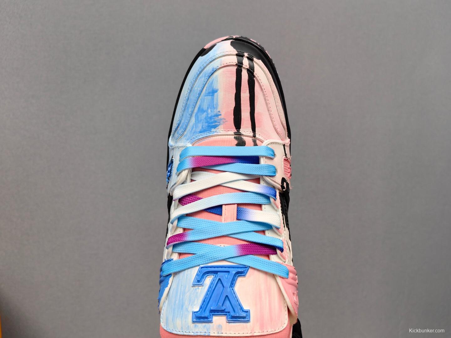 2025 Unisex Louis Vuitton Pink Blue Leather Canvas Plimsolls Hand Painted KFY00620