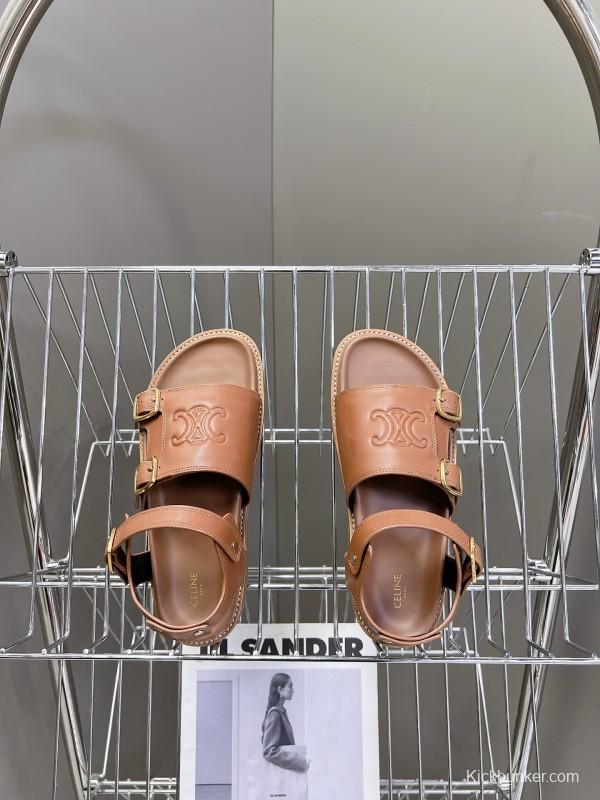 2025 Women Celine Light Brown Leather Sandals KFY00280