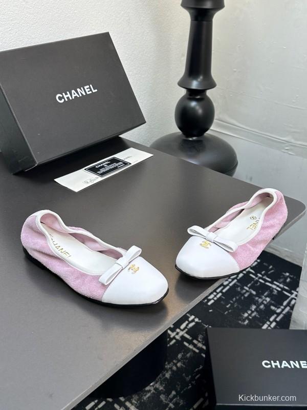 2025 Women CHANEL White Purple Leather Bow Ballet Flats Unisex LY00360(F)