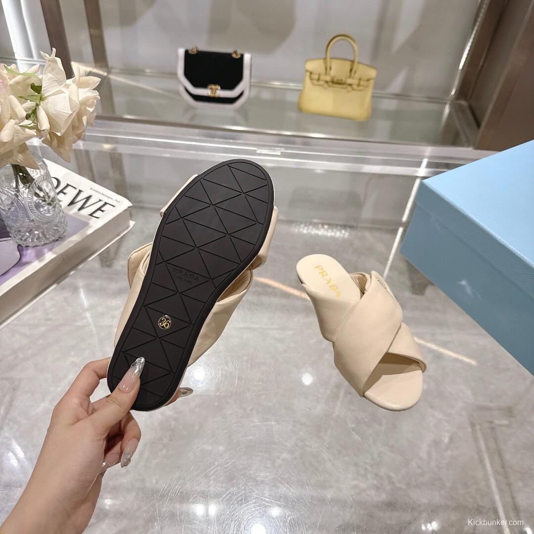 2025 Women Prada Cream Leather Slippers