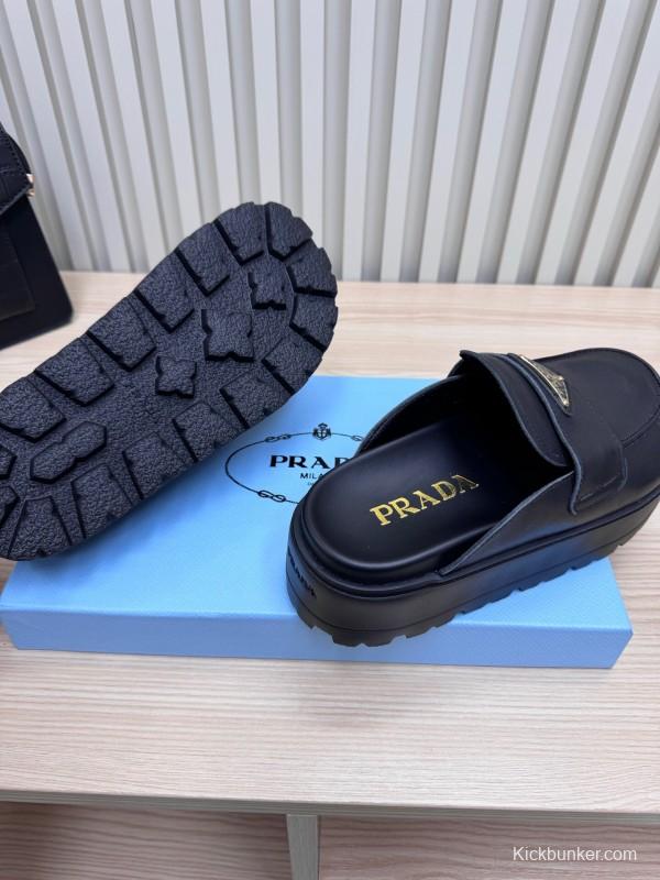2025 Women Prada Black Leather Platform Loafers