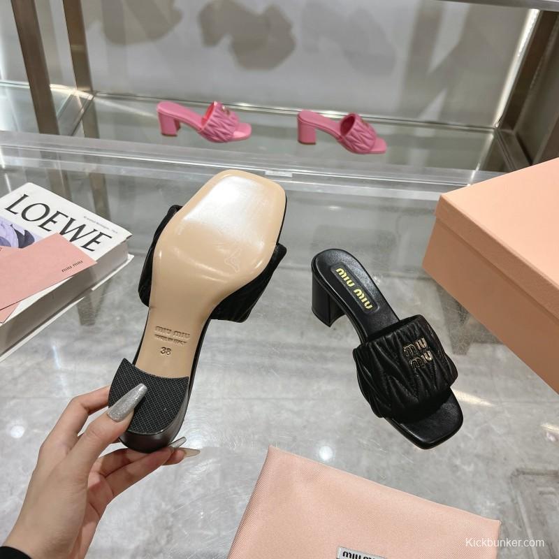 2025 Women Miu Miu Black Leather Sandals
