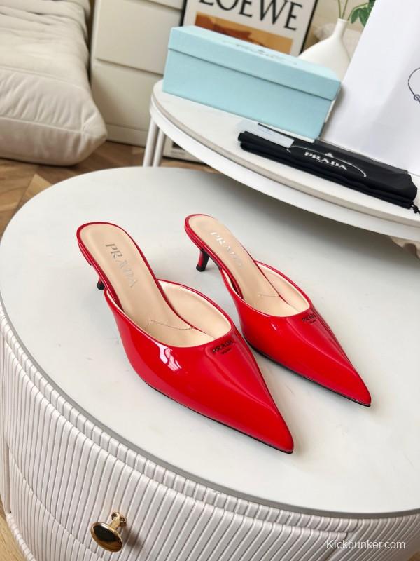 2025 Women Prada Red Patent Leather High Heel Mules LY