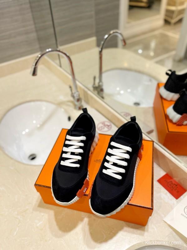 2024 Unisex Hermès Black Orange Imported Silk Calfskin Sneakers MJ00320
