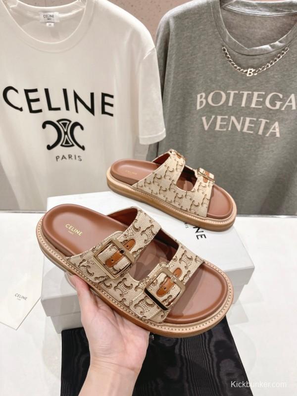 2025 Women Celine Beige Canvas Vintage Style Double Buckle Sandals Handcrafted Unisex LY00360(F)