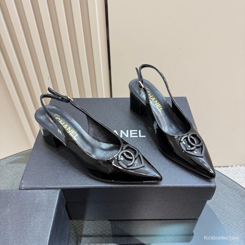 2025 Women Chanel Black Patent Leather Slingback Pumps