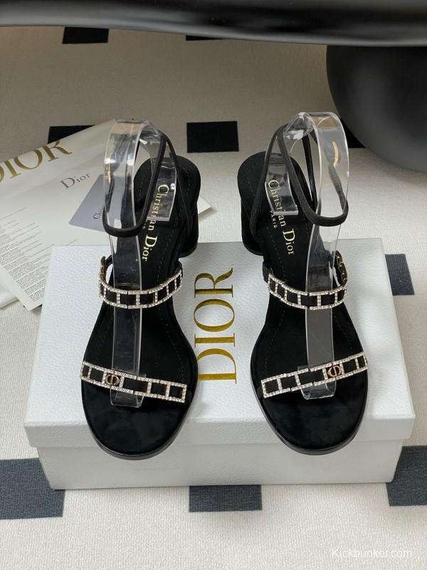 2025 Women Dior Black Suede Crystal Embellished Strap Sandals