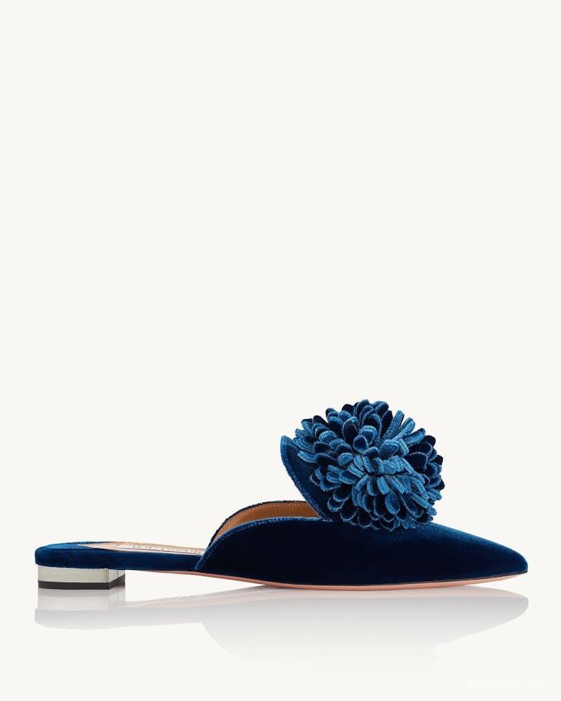2025 Women Aquazzura Blue Velvet Slippers