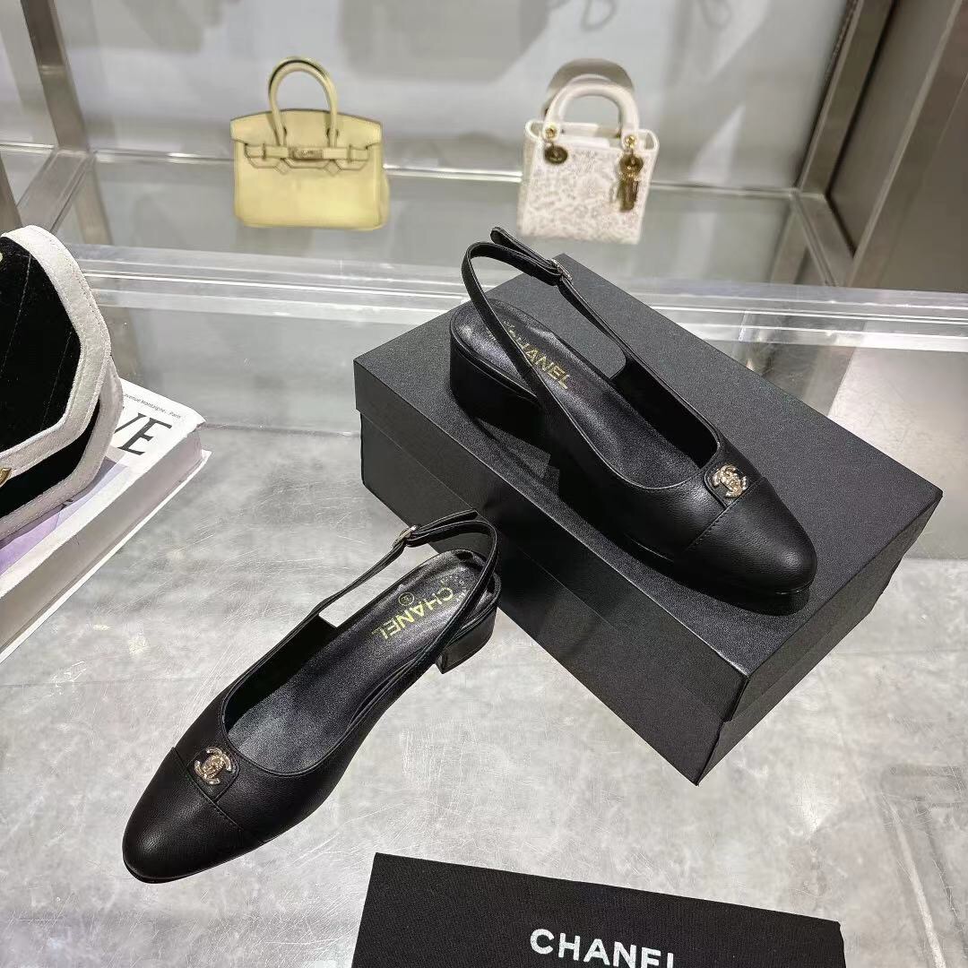 2025 Women Chanel Black Leather Slingback Pumps LY00300
