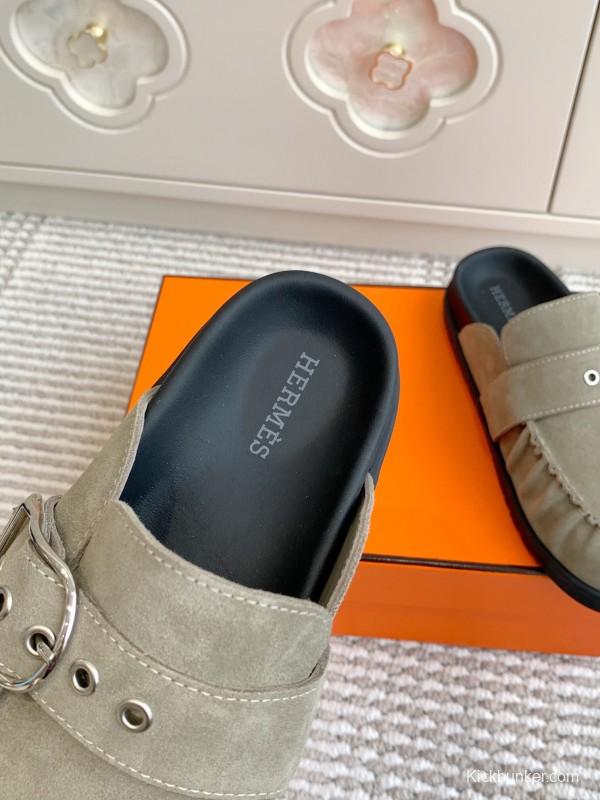 2025 Women Hermès Grey Suede Mule Shoe KFY00290