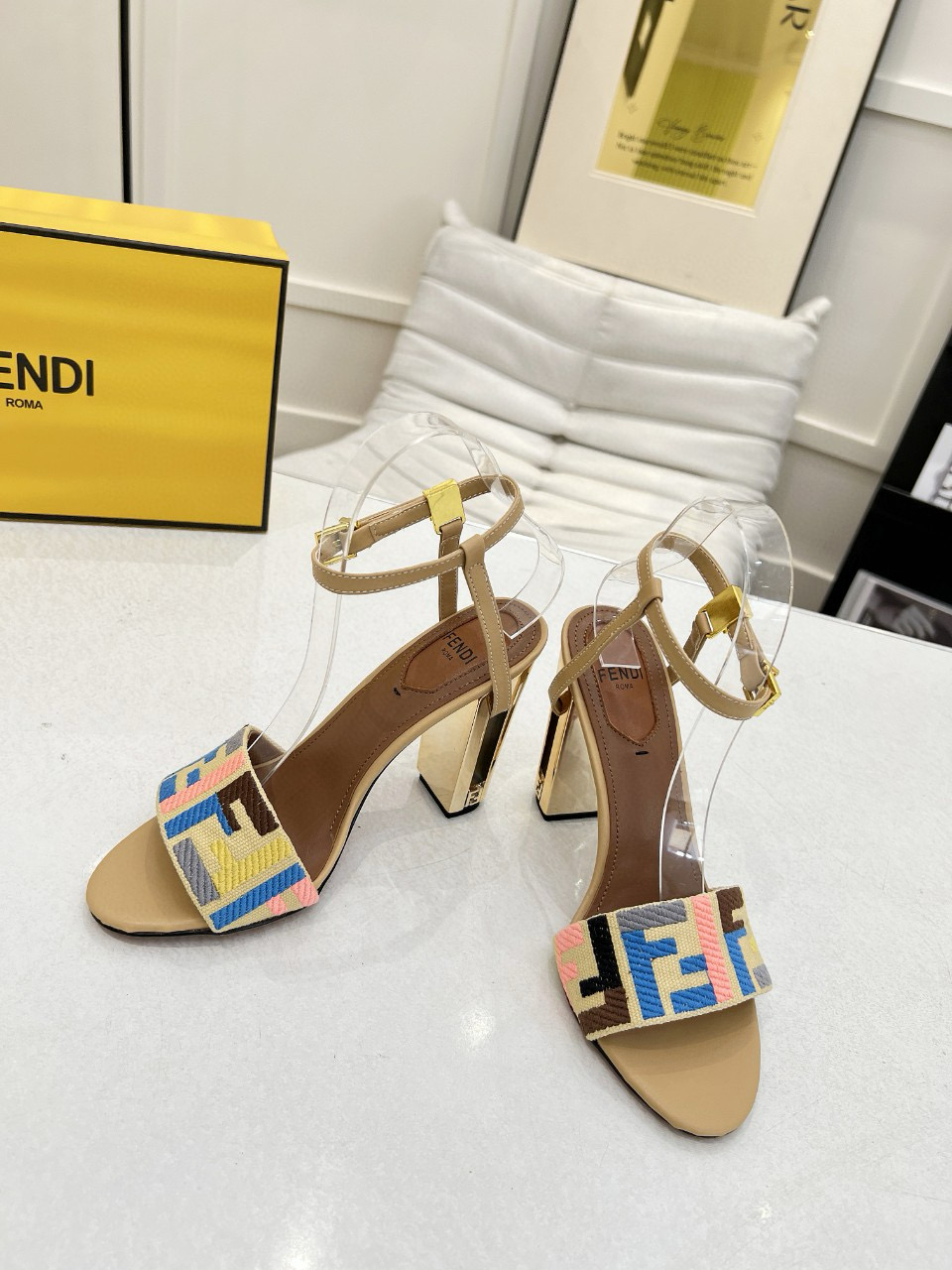2025 Women Fendi Beige Canvas Leather High Heel Buckle MJ00280