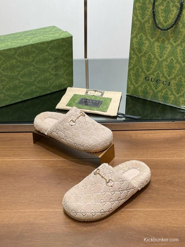 2024 Slippers Gucci Beige Shearling GG Embroidery