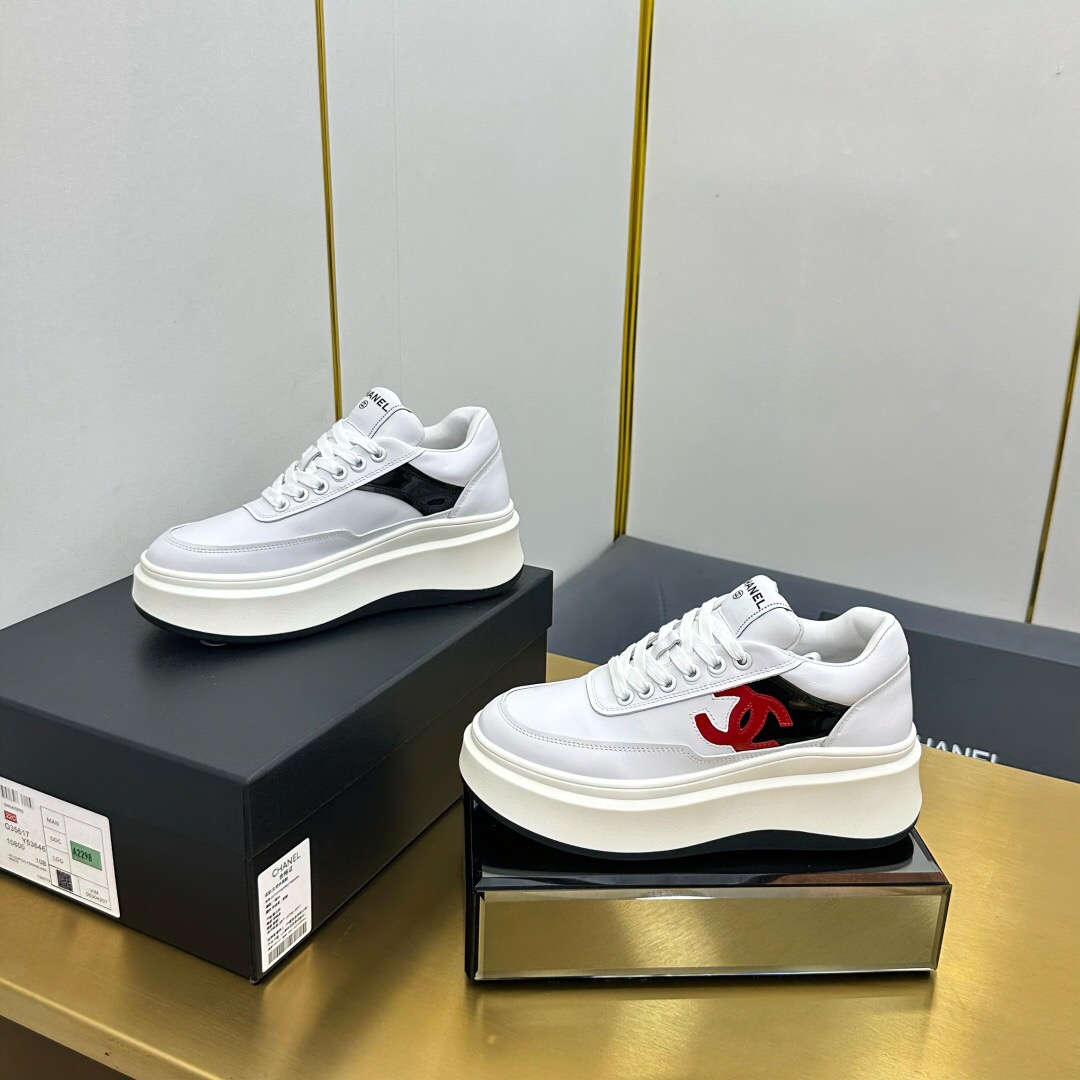 2025 Women Chanel White Black Red Leather Sneakers