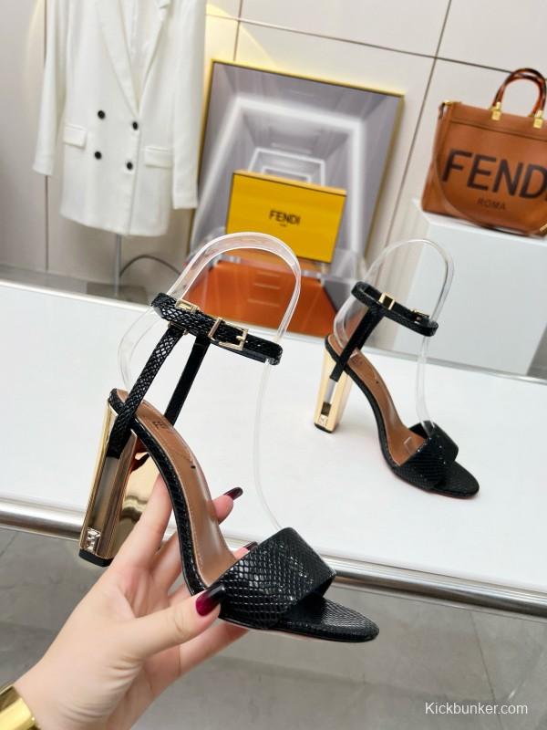 2025 Women Fendi Black Leather High Heel Sandals MJ00251