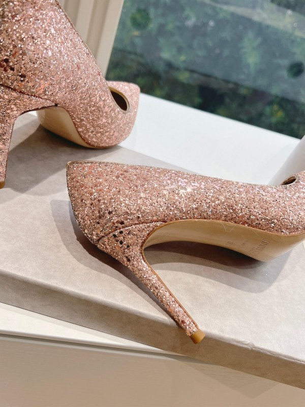 2025 Women Jimmy Choo Pink Glitter Leather Pointed Toe Pumps KFY00280