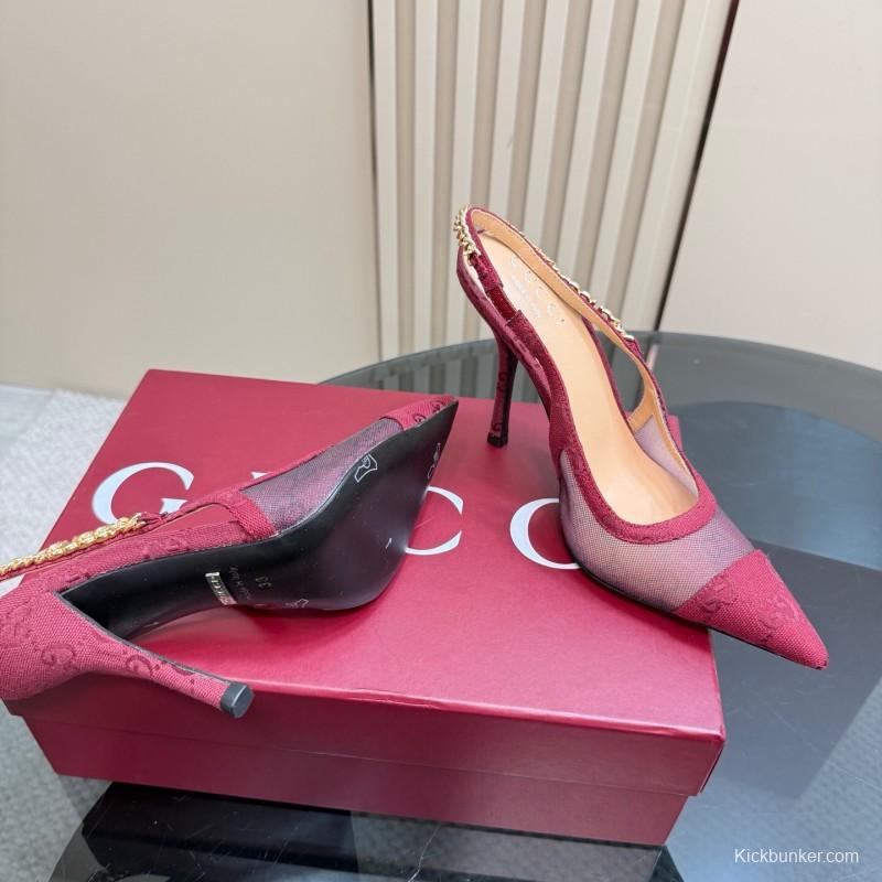 2025 Women Gucci Burgundy Mesh Chain Detail Slingback Pumps KFY00300(F)