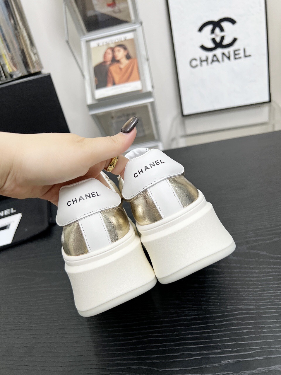 2025 Women Chanel Beige Gold Leather Suede Sneakers LY00290
