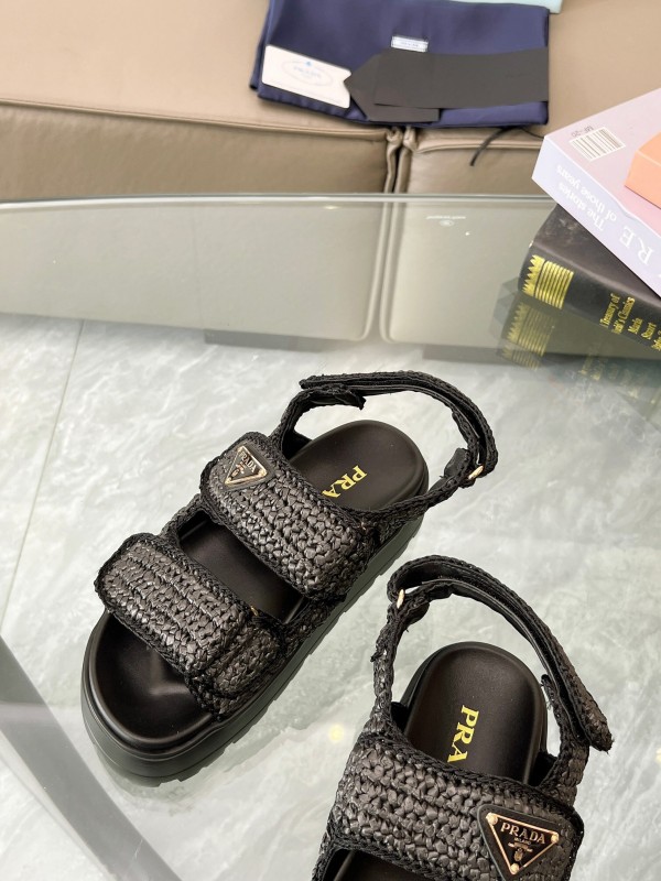 2025 Women Prada Black Woven Leather Platform Sandals LY00300