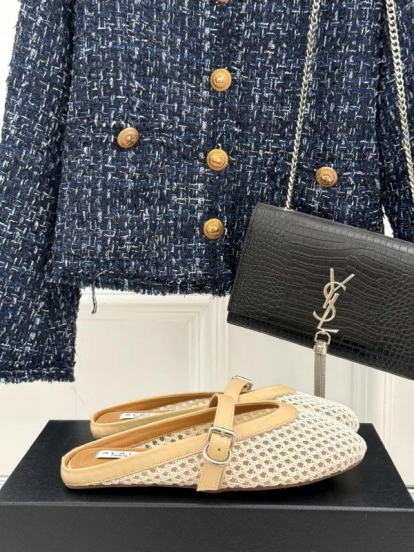 2025 Slippers ALALIA Beige Mesh Leather Flat Buckle