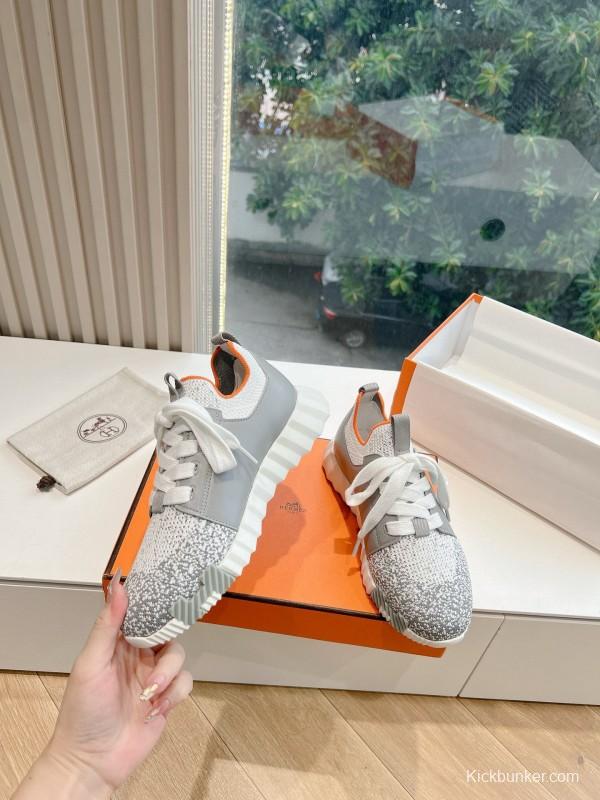 2024 Unisex Hermès Gray White Orange Calfskin Suede Sneakers MJ00290