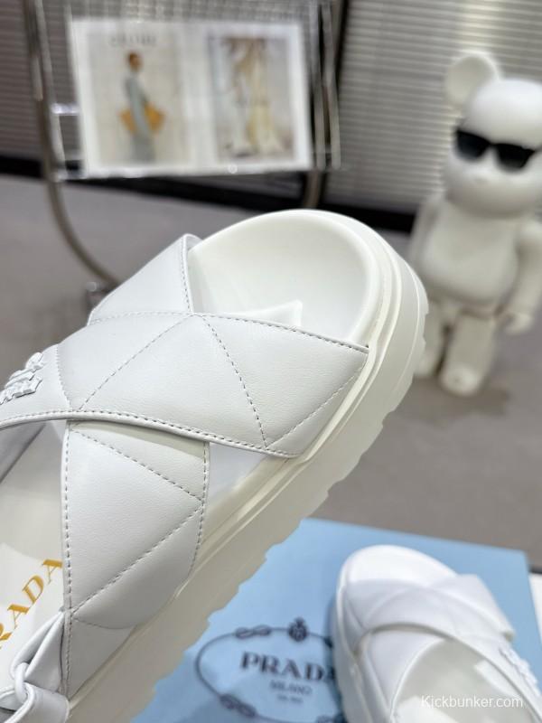 2025 Women Prada White Leather Sandals KFY00280