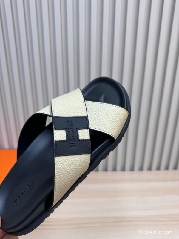 2025 Slippers Hermès Black Ivory Leather Cross Strap