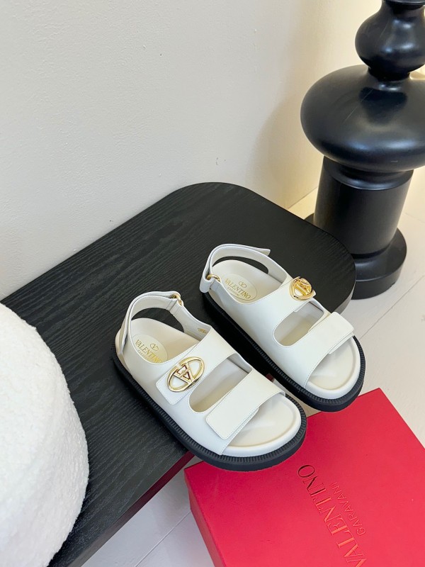 2025 Women Valentino White Leather Sandals V Buckle KFY00320