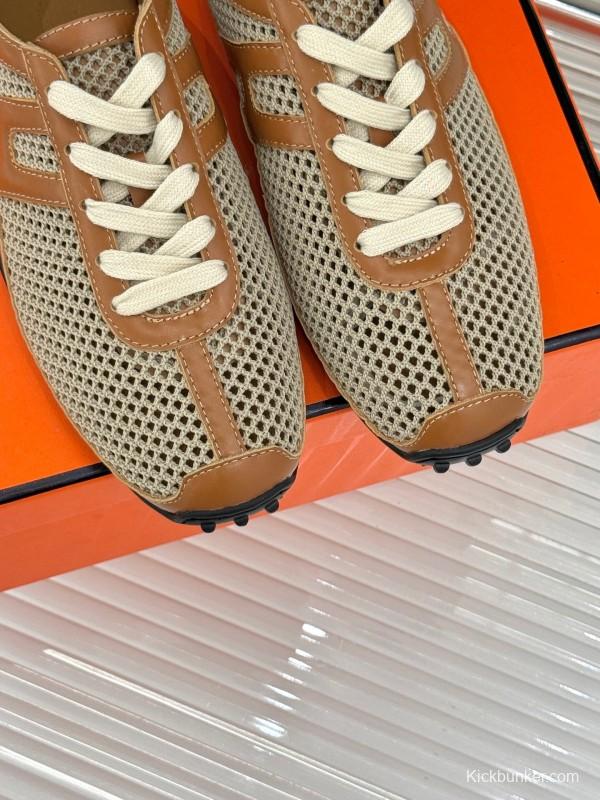 2025 Women Hermès Beige Brown Leather Mesh Casual Shoes
