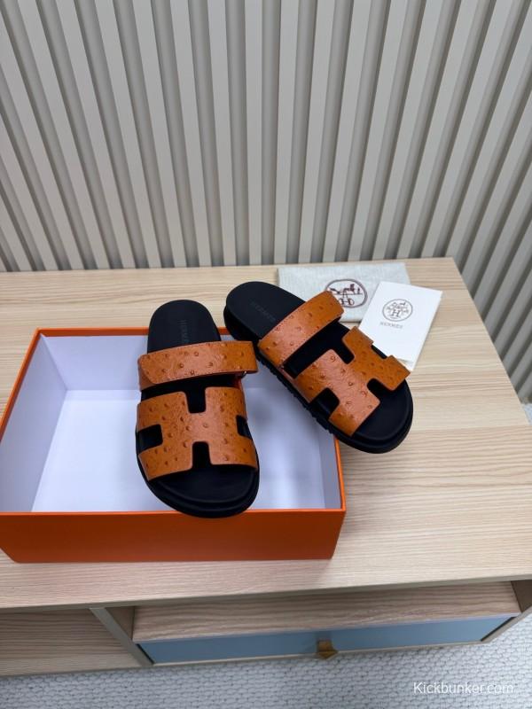 2025 Women Hermès Brown Black Leather Slippers