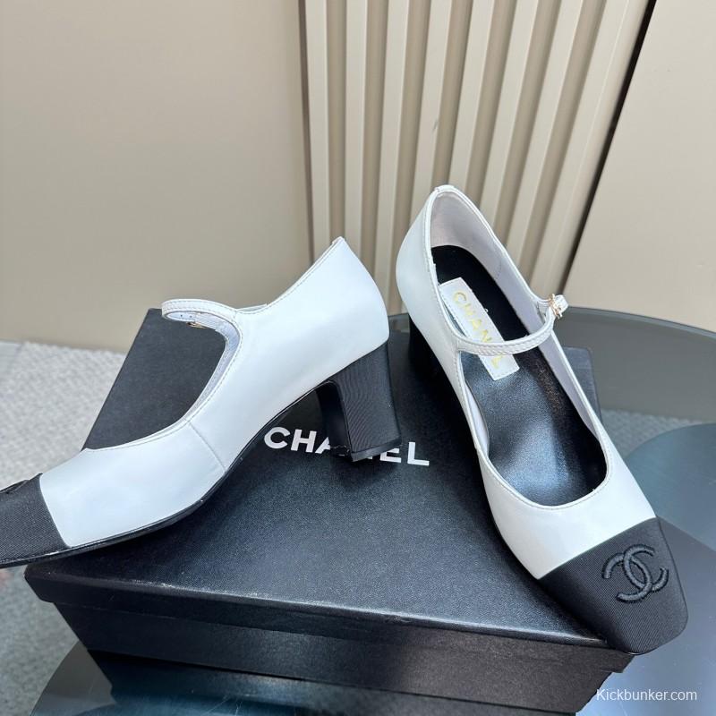 2025 Women Chanel White Black Leather Mary Jane Double Strap CC Logo KFY00290