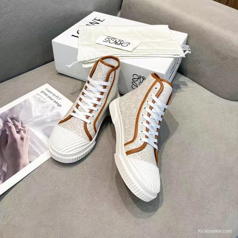 2025 Women Loewe White Brown Canvas High-top Sneakers LY00420