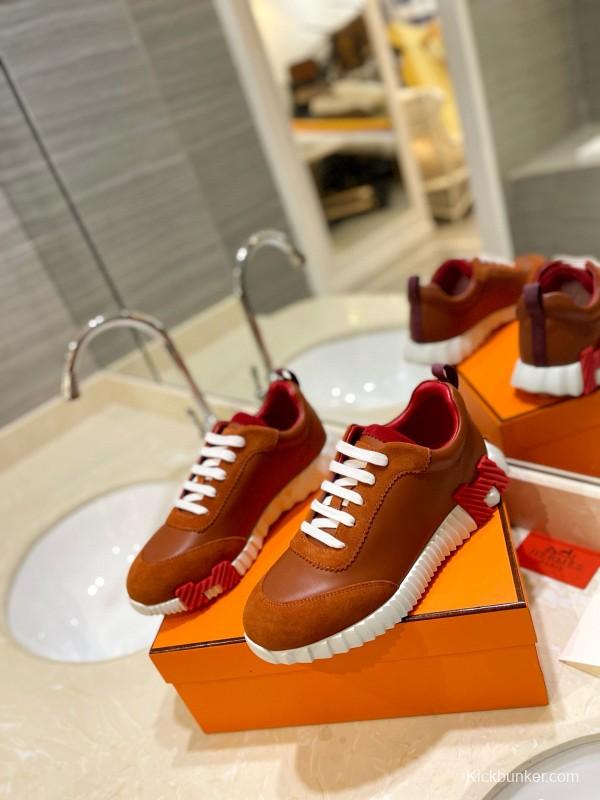 2024 Unisex Hermès Brown Red Imported Sheepskin Suede Silk Leather Casual Sneakers MJ00320