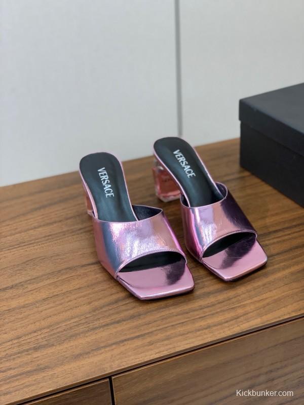 2025 Women VERSACE Pink Leather Slippers