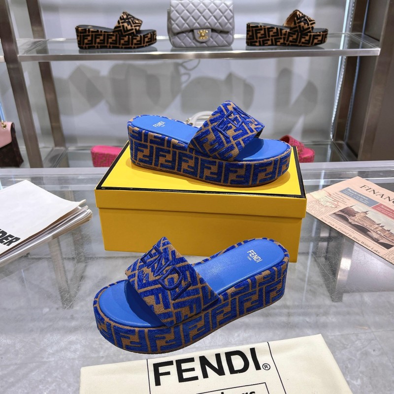 2025 Slippers Fendi Blue Brown Fabric FF Jacquard Platform