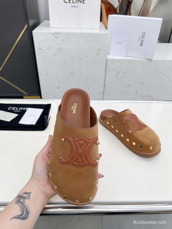 2025 Slippers Celine Brown Suede Leather Slippers LY00240