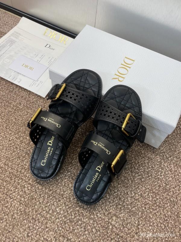 2025 Women Dior Black Leather Sandals Buckle LY00300