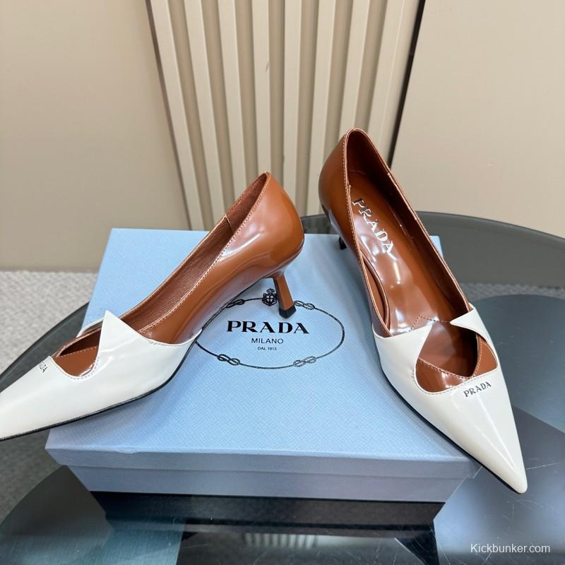 2025 Women Prada White Brown Leather Heels KFY00310