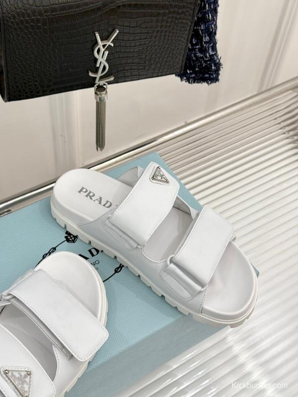 2025 Women Prada White Leather Slippers KFY00240