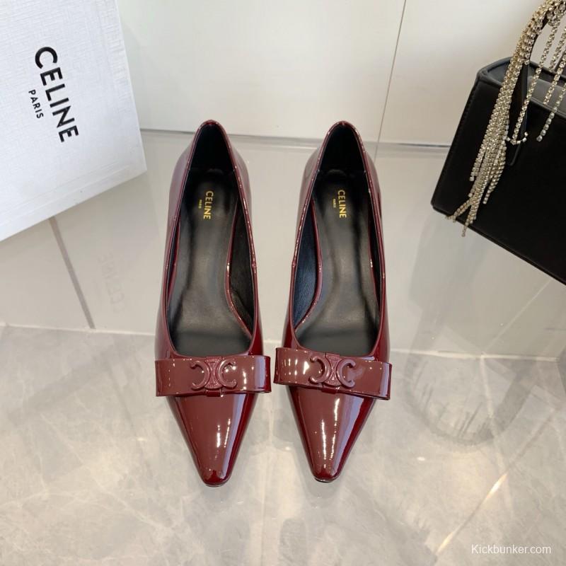 2025 Women Celine Burgundy Patent Leather Pointed Toe Pumps