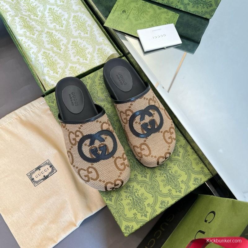 2024 Unisex Gucci Beige Brown Leather Slippers GG Pattern MJ00280