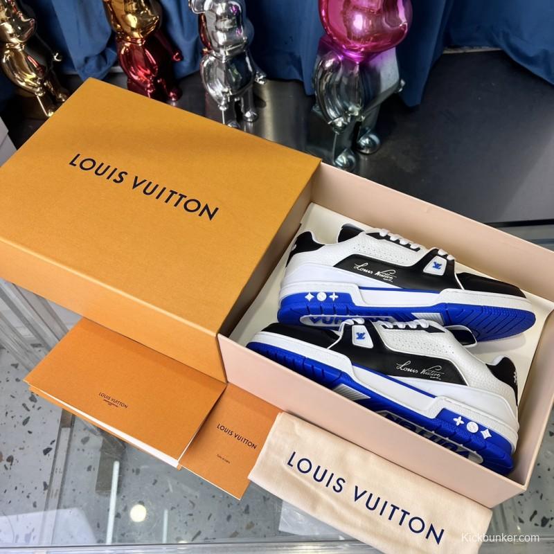 2025 Unisex Louis Vuitton Black White Blue Leather Plimsolls Stitching LV Trainer
