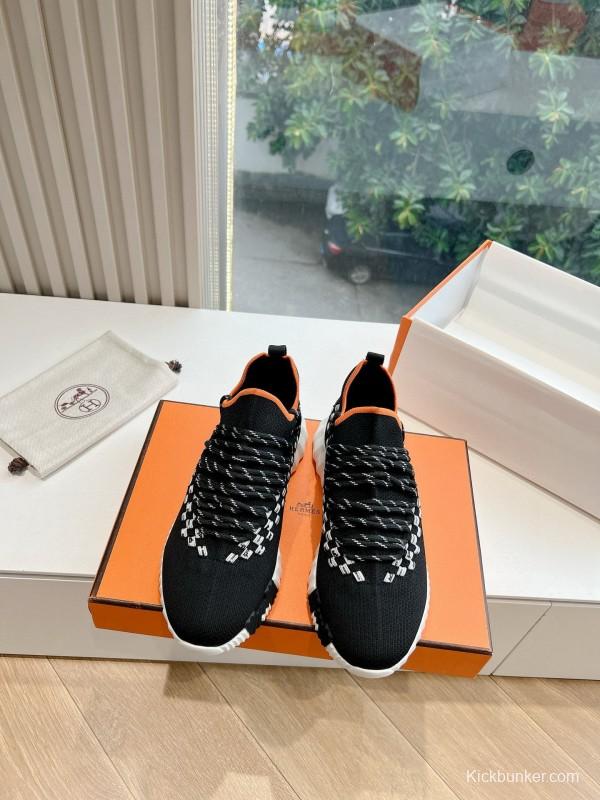 2024 Unisex Hermès Black White Orange Calfskin Suede Sneakers MJ00290
