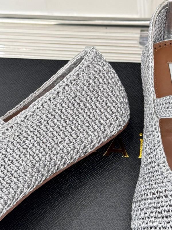 2025 Women AlAIA White Grey Knit Mary Jane Ballet Flat