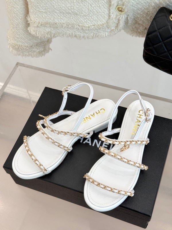 2025 Women Chanel White Leather Chain Strap Sandals