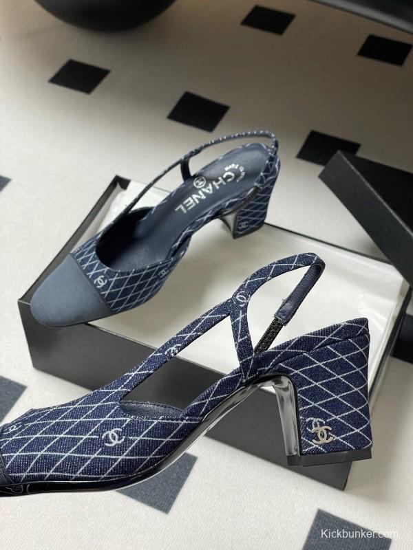 2025 Women Chanel Blue Denim Leather Sling-back Heels