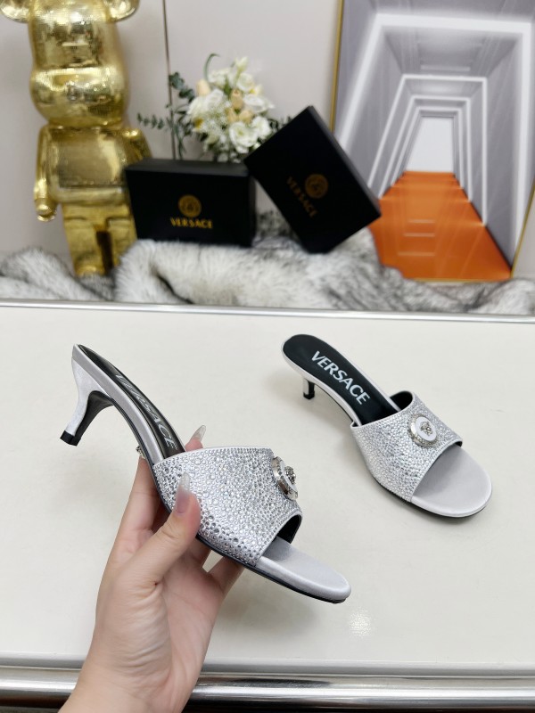 2025 Women VERSACE White Crystal Satin Mules