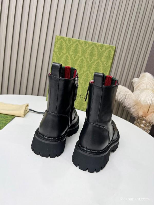 2024 Women Gucci Black Leather Lace-Up Combat Boots Red Green Web MJ00340