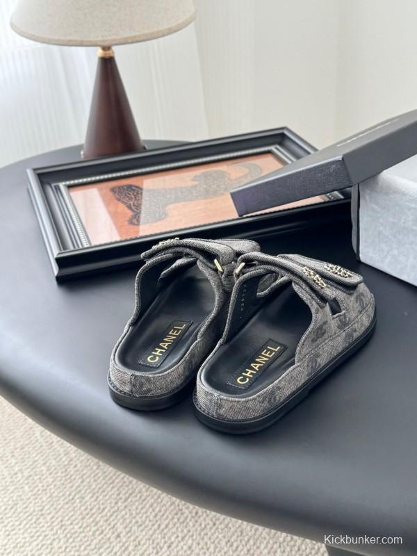 2025 Women Chanel Grey Fabric Leather Sandals Magic Tape LY00310