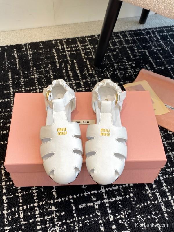 2025 Women Miu Miu White Calf Leather Flat Sandals